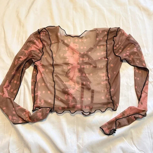 Boohoo Sheer Mesh Long Sleeve Top Size 6 Brown Pink Y2K Aesthetic - Picture 2 of 8
